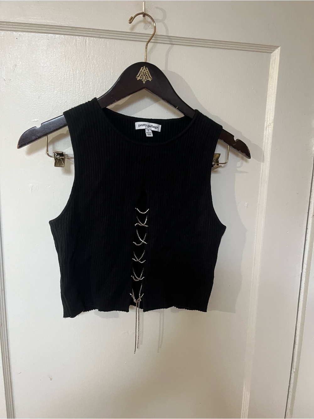 Pretty Garbage Black Ribbed Rhinestone Lace Up Crop Top Size L EUC